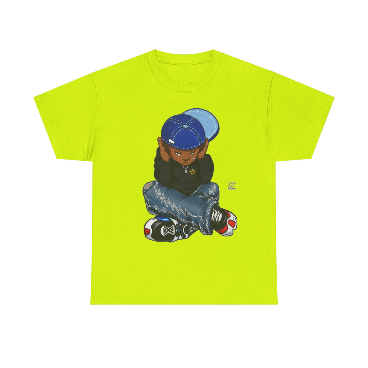 Ebony Sad Kid Illustration T-Shirt | Sitting Boy Graphic Tee b