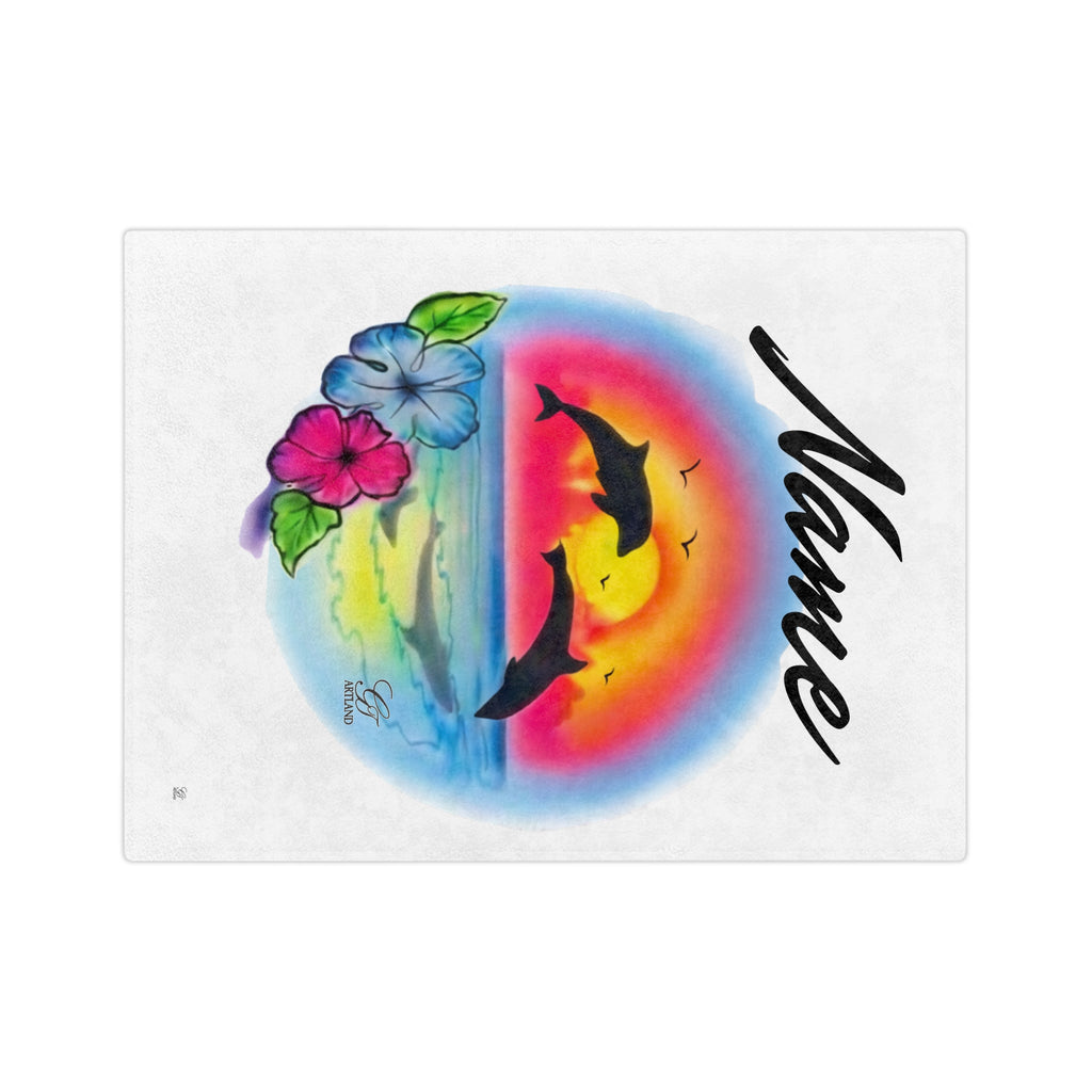 Airbrush Sunset Dolphins Velveteen Microfiber Blanket | Tropical Hibiscus Ocean Scene by GT Artland