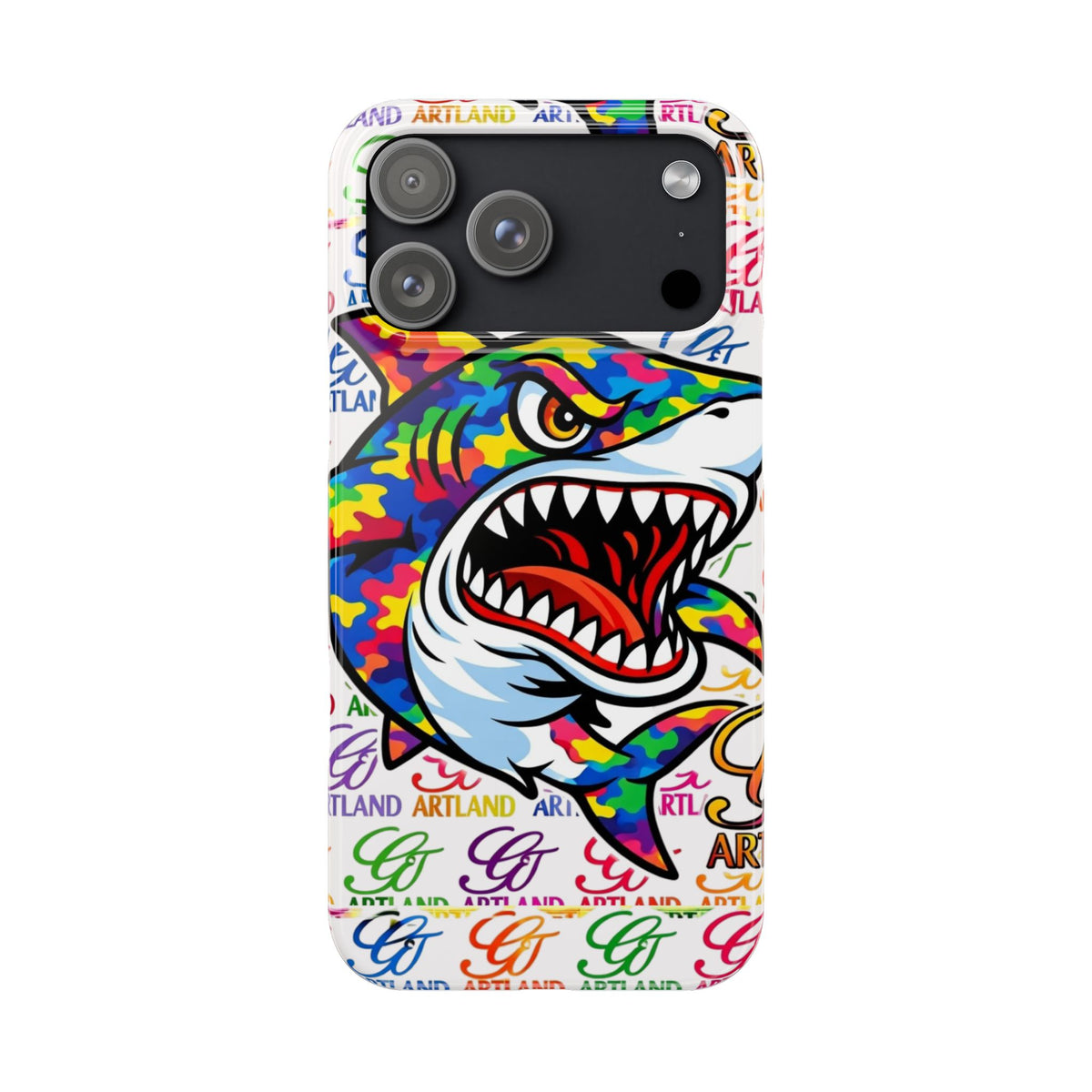 Colorful Camo Designer Shark GT Slim Phone Case | Vibrant Graphic, Artland Logo Background by GT Artland
