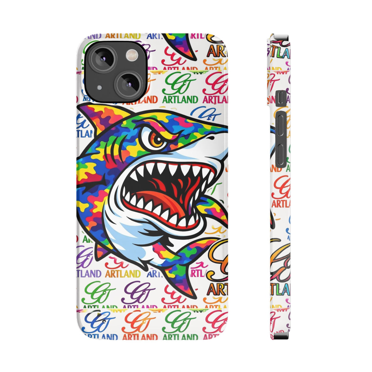 Colorful Camo Designer Shark GT Slim Phone Case | Vibrant Graphic, Artland Logo Background by GT Artland