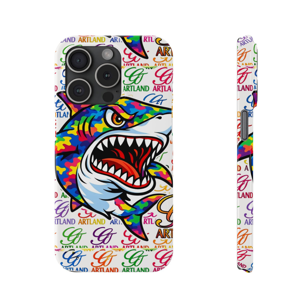 Colorful Camo Designer Shark GT Slim Phone Case | Vibrant Graphic, Artland Logo Background by GT Artland