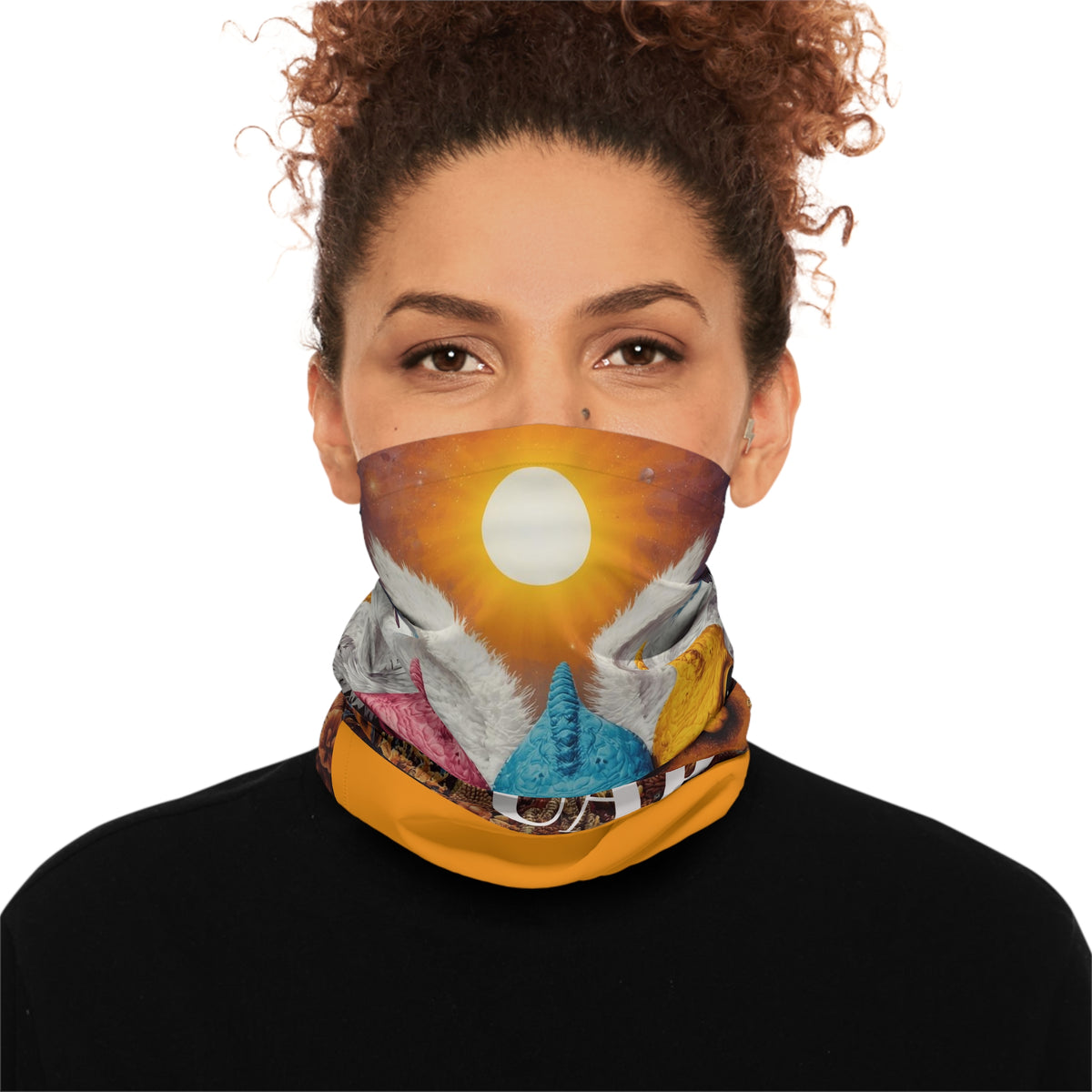Triple Alien Heads UFO neck gaiter | colorful extraterrestrial face print