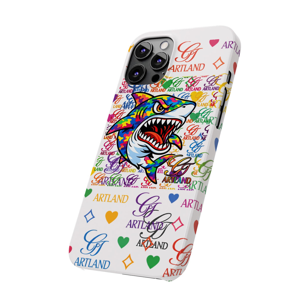 Colorful Designer Shark GT Illustration Slim Phone Case | Rainbow Logo Pattern by GT Artland