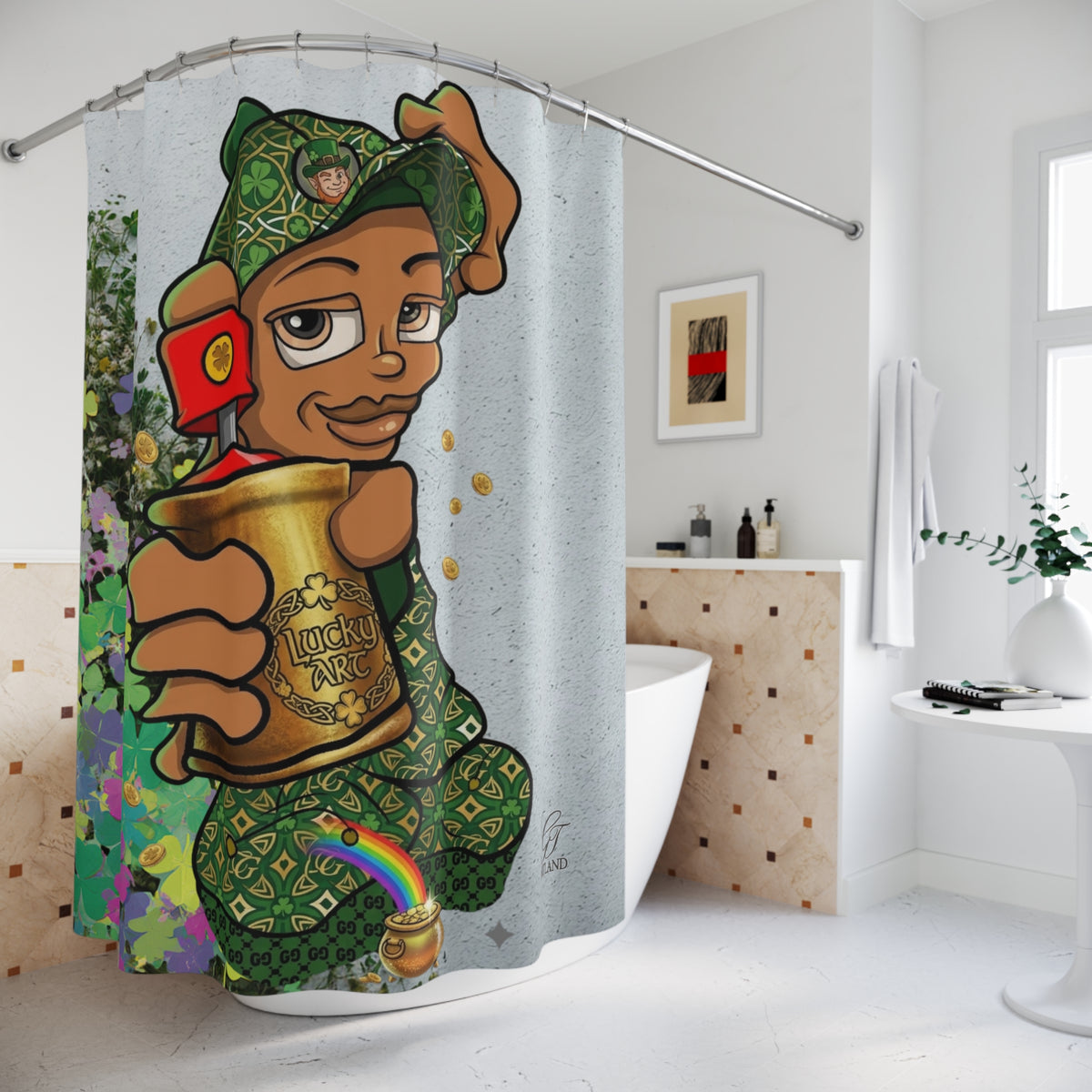 Shamrock Graffiti Spray can kid Shower Curtain | Lucky Spray Paint Design by GT Artland