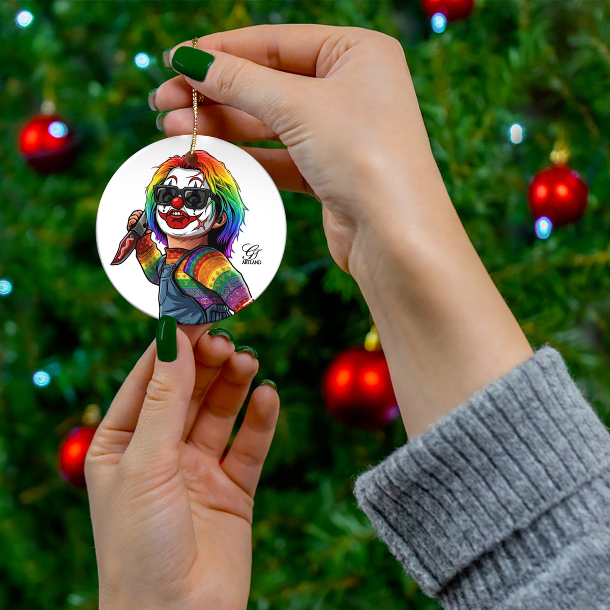 Rainbow Psycho Slayer Clown Killer Ceramic Ornament — Horror Movie Character Holiday Décor by GT Artland