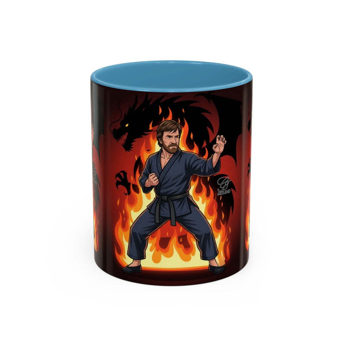 Martial Artist Chuck Norris with Dragon Flames Mug | Accent Coffee Mug 11oz/15oz by GT Artland