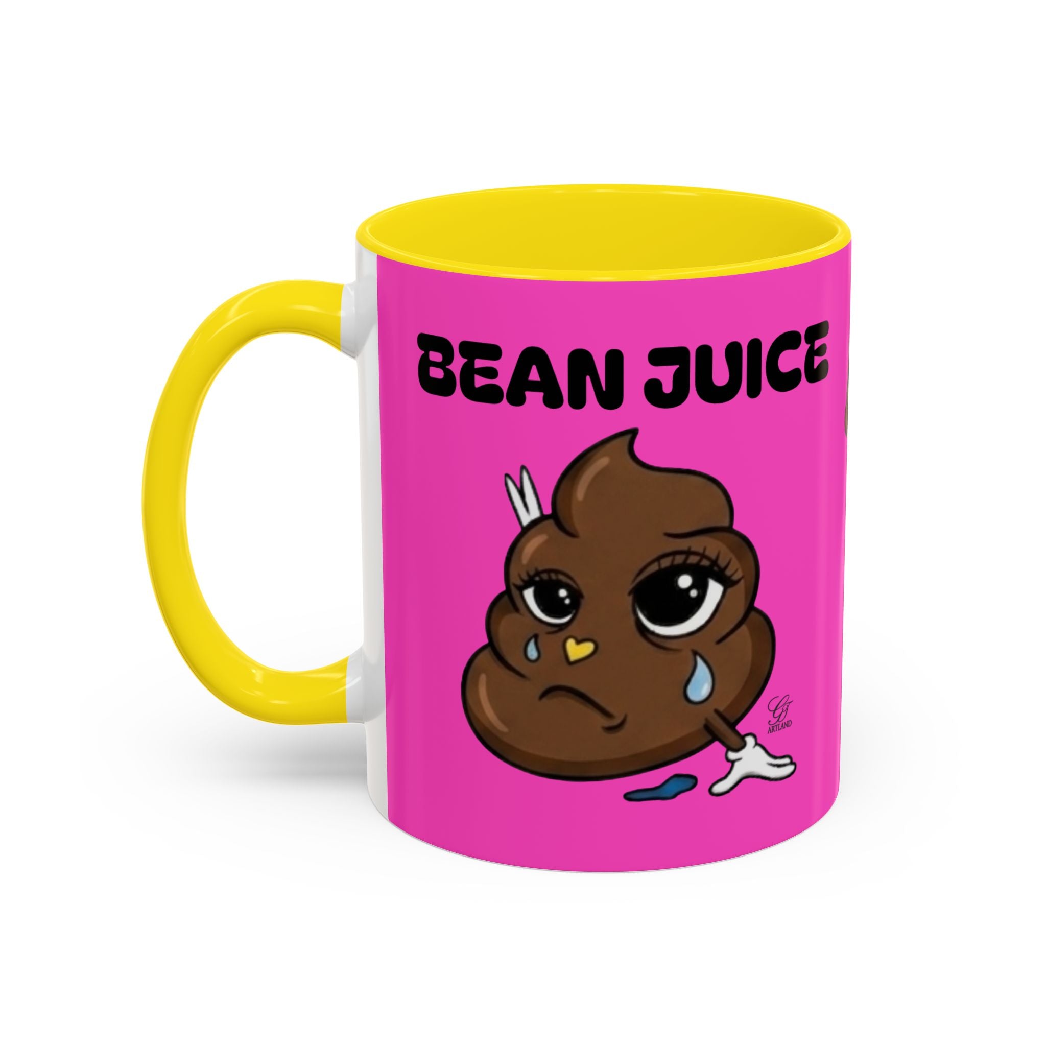 Bean Juice Coffee Mug — Funny Pink Accent Mug with Cute Poop Emoji Design (11/15oz) by GT Artland