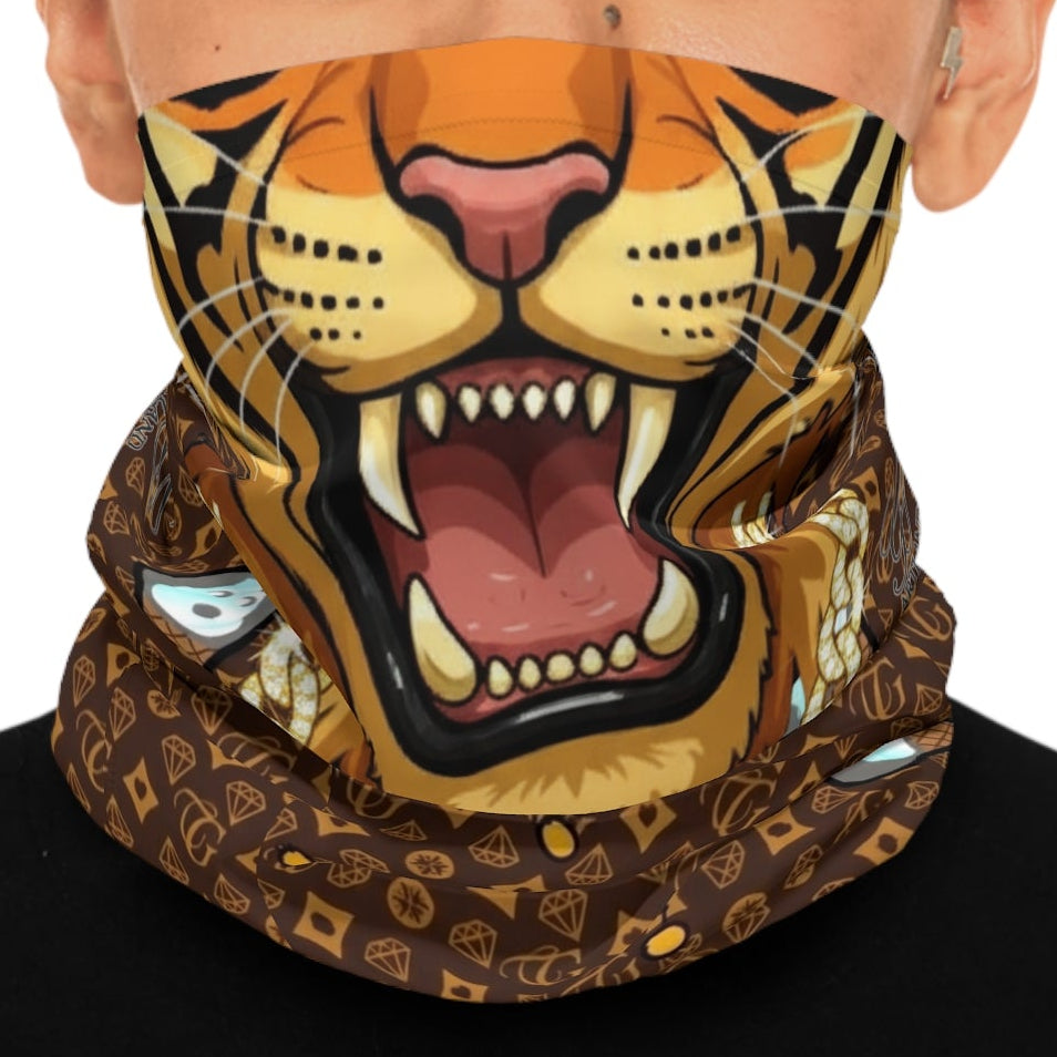 Tiger Roar Designer Neck Gaiter — Luxe Brown Pattern with Gold Chain by GT Artland