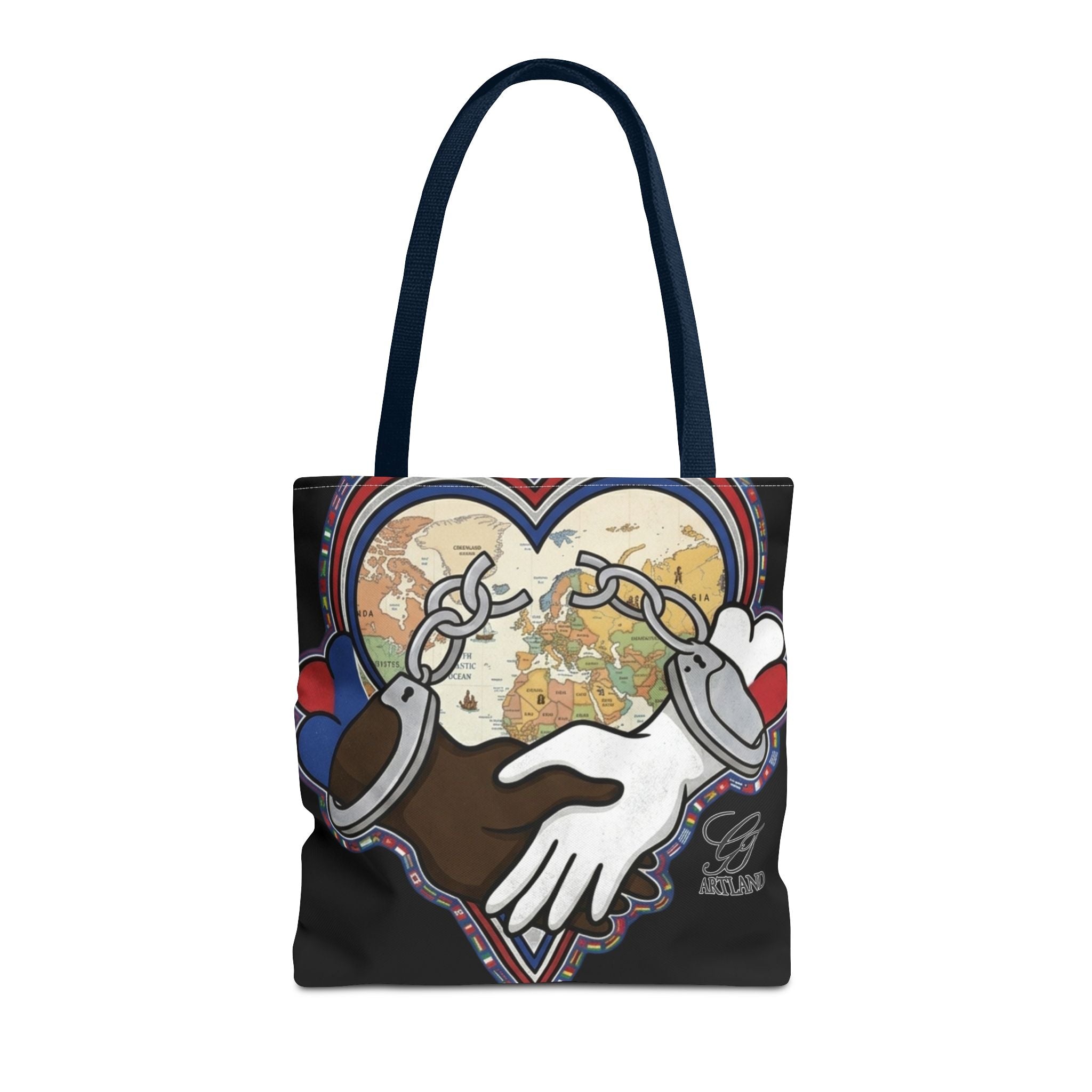Interracial Unity Heart Handcuffs Tote Bag | All-Over Print by GT Artland