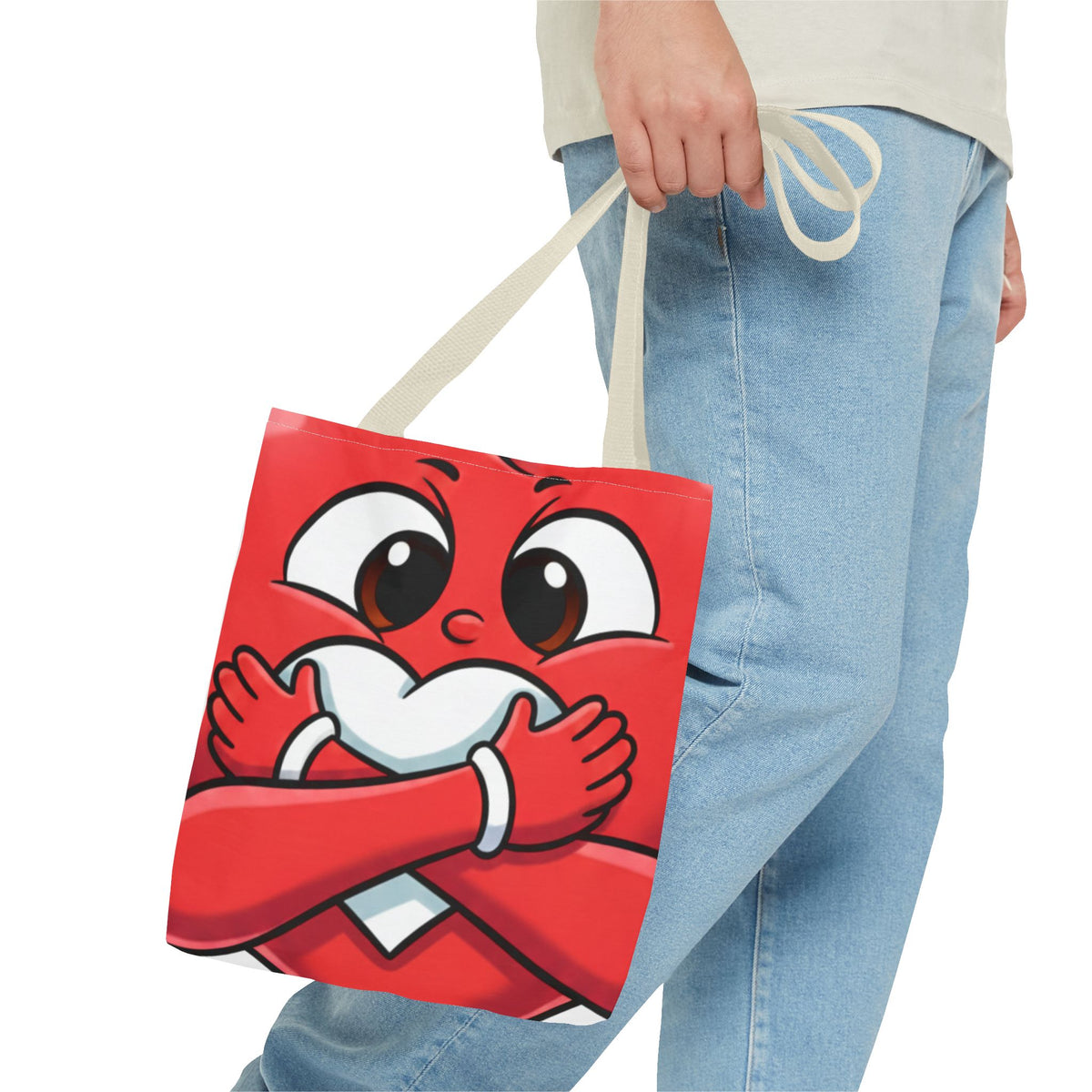 Red Heart Hug Cartoon Tote | Cute Emoticon Love Illustration by GT Artland