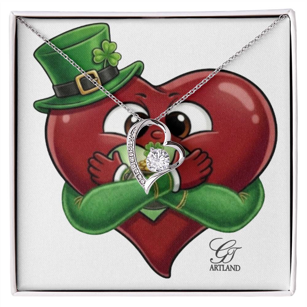 Shamrock Heart Leprechaun Irish Lovey Dovey Designer Forever Love Necklace (Rhodium ONLY) + Luxury Box by GT Artland