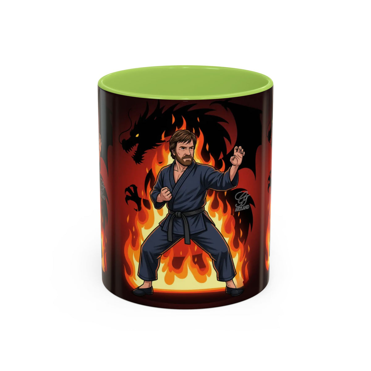 Martial Artist Chuck Norris with Dragon Flames Mug | Accent Coffee Mug 11oz/15oz by GT Artland