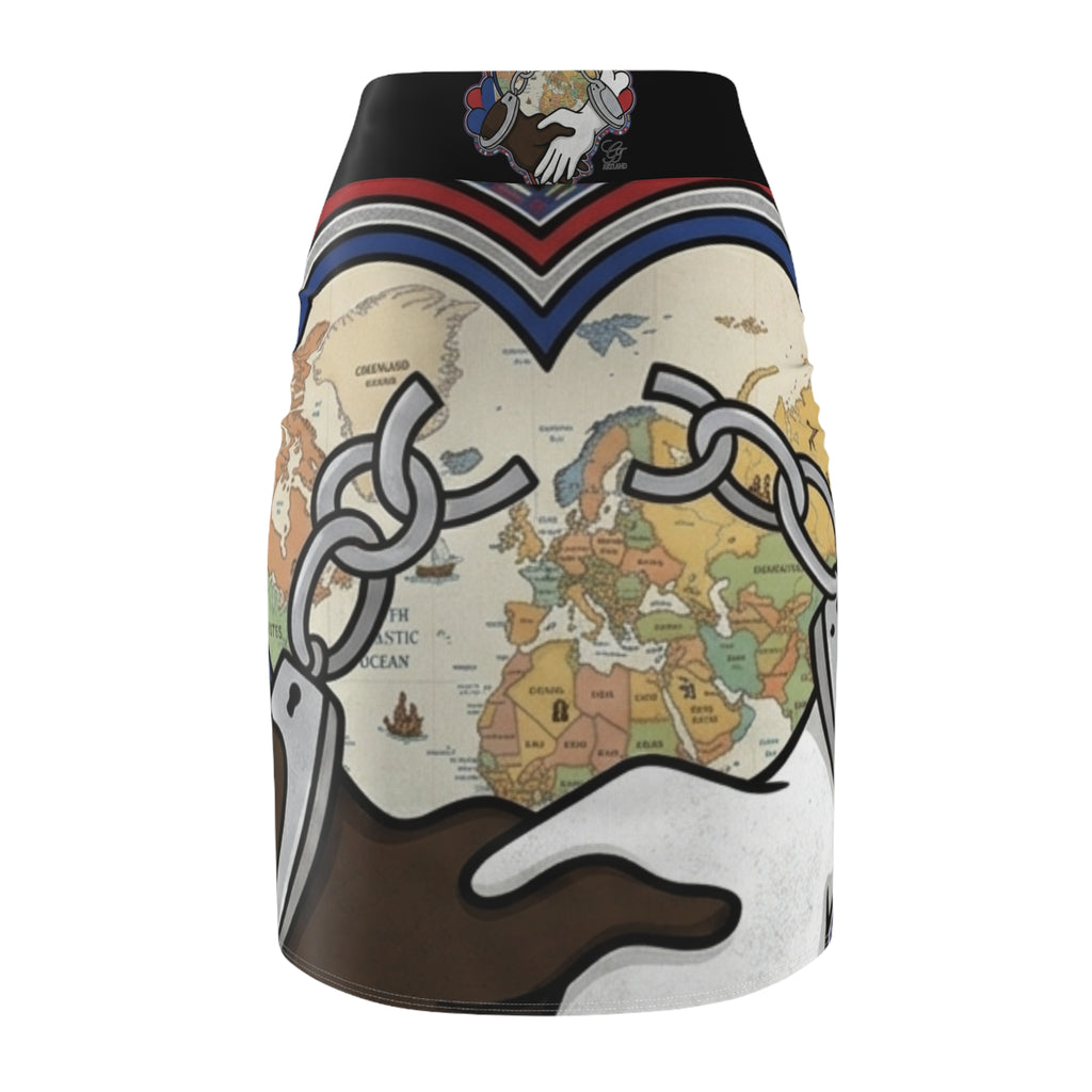 Interracial Unity Heart with Handcuffs Pencil Skirt | World Map Artwork by GT Artland