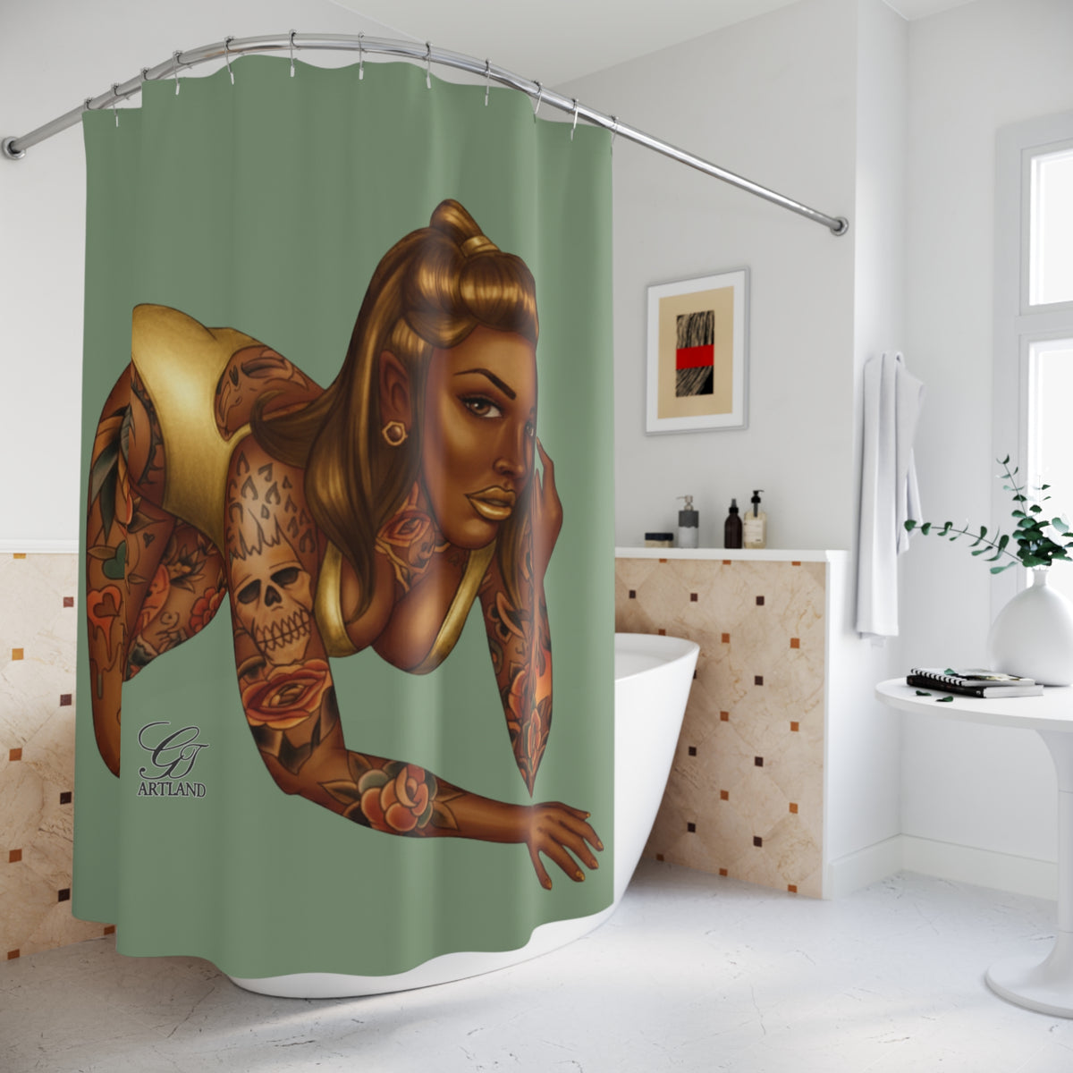 Tattooed Pinup Diva Shower Curtain - Green- Bathroom
