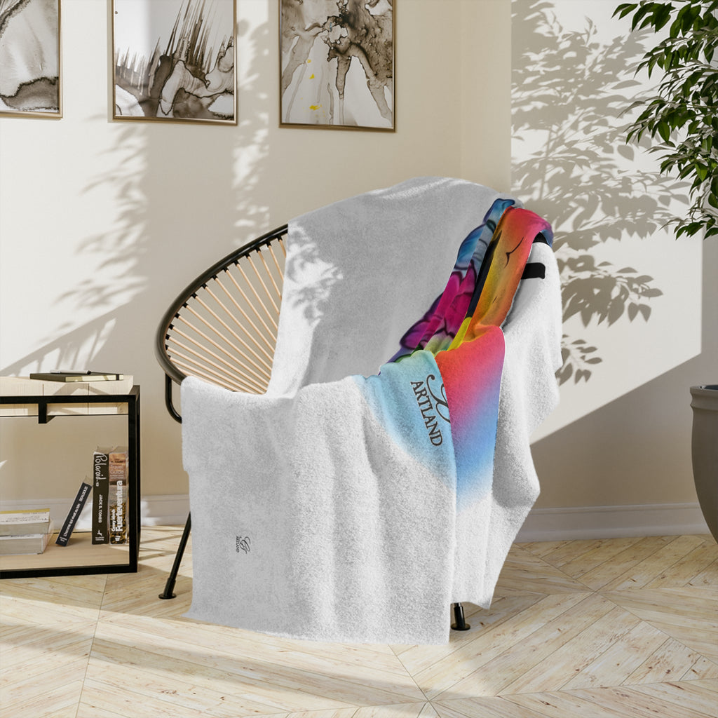 Airbrush Sunset Dolphins Velveteen Microfiber Blanket | Tropical Hibiscus Ocean Scene by GT Artland