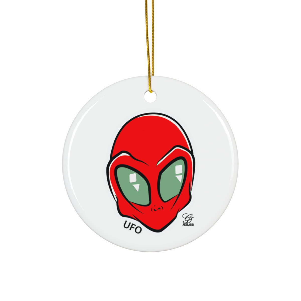 Alien UFO Ceramic Ornament — Red Alien Head Holiday by GT Artland