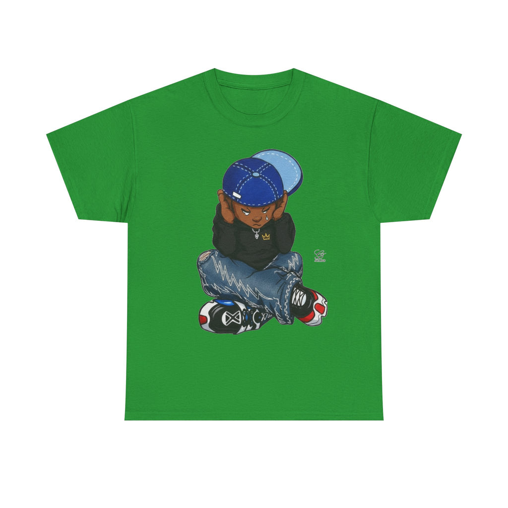 Ebony Sad Kid Illustration T-Shirt | Sitting Boy Graphic Tee b