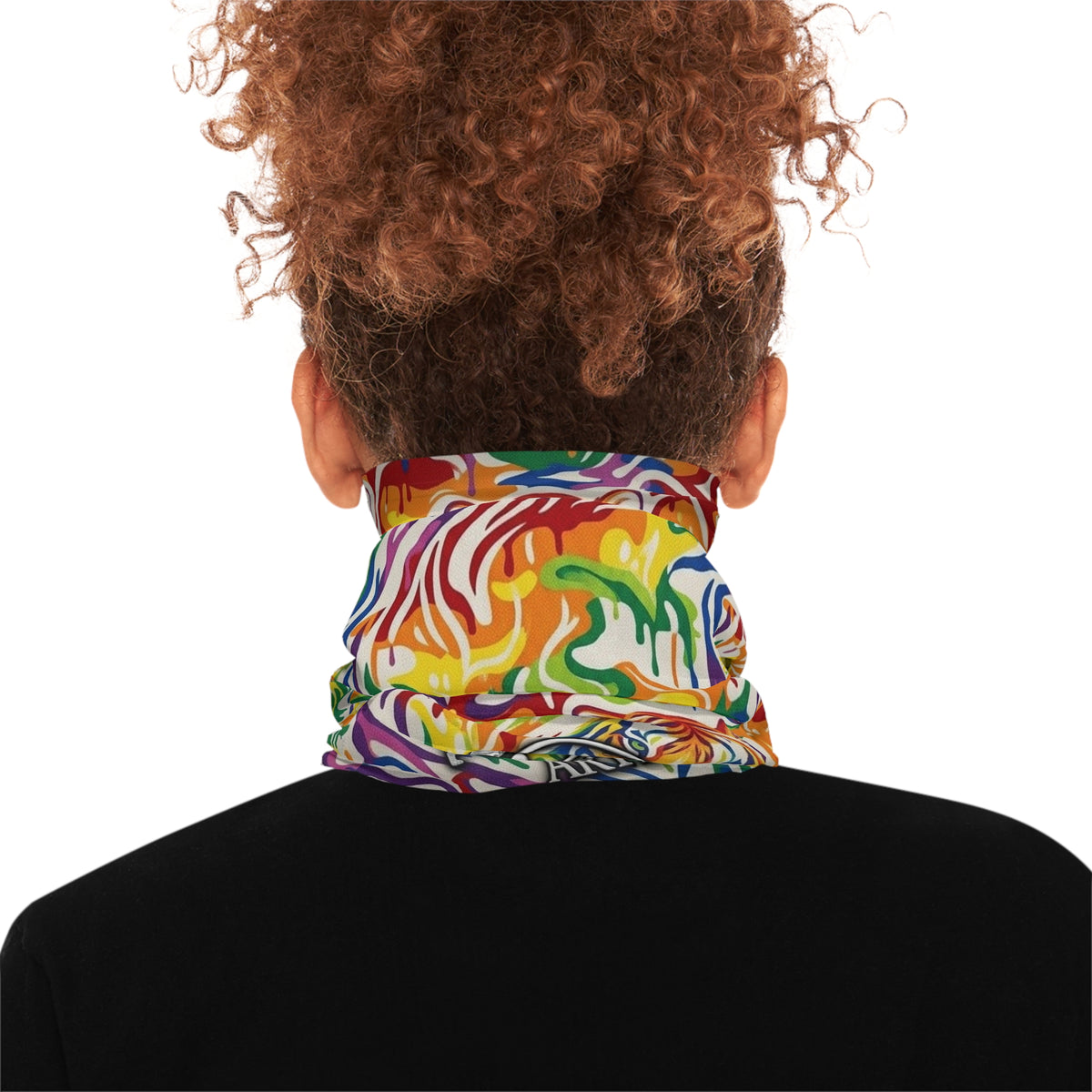 Rainbow Tiger Designer Drip Neck Gaiter — Vibrant Animal Print Face Mask Bandana by GT Artland