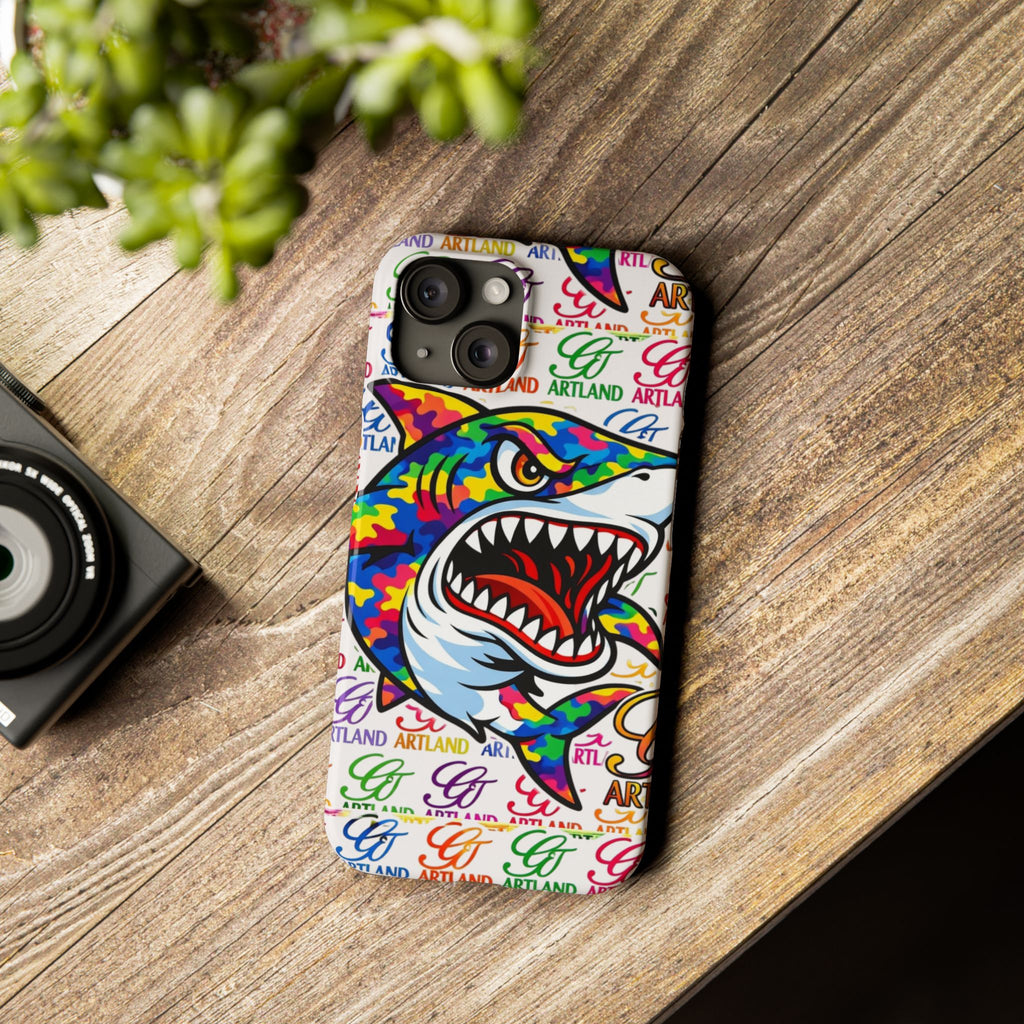 Colorful Camo Designer Shark GT Slim Phone Case | Vibrant Graphic, Artland Logo Background by GT Artland