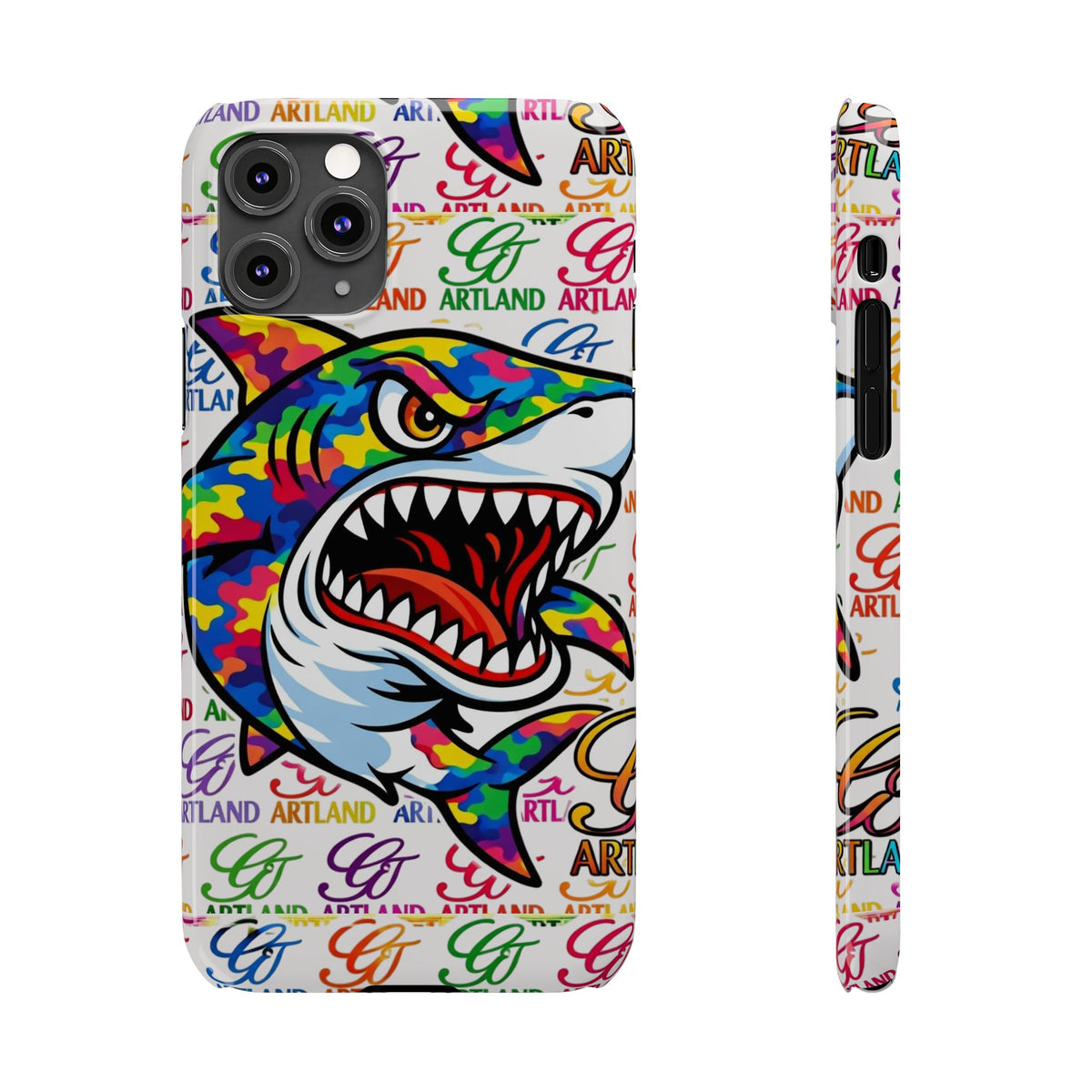 Colorful Camo Designer Shark GT Slim Phone Case | Vibrant Graphic, Artland Logo Background by GT Artland