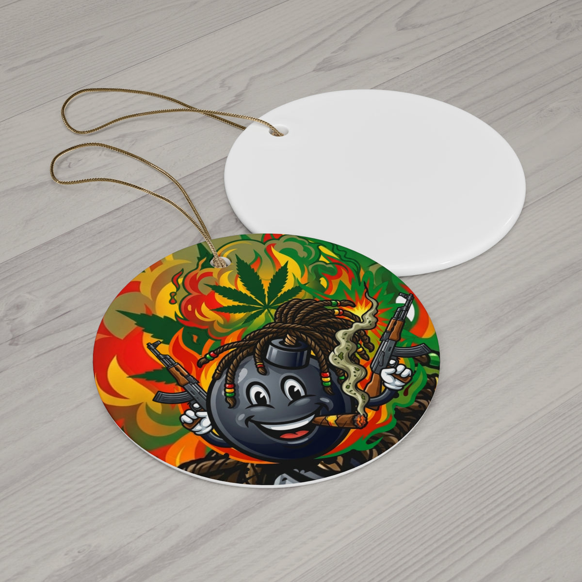 Rasta Bomb Character Ceramic Ornament — Cannabis Leaf Holiday Decoration by GT Artland