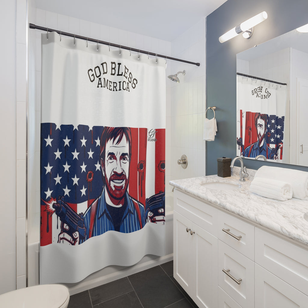 God Bless America Chuck Norris Shower Curtain | Patriotic Flag Bathroom Decor