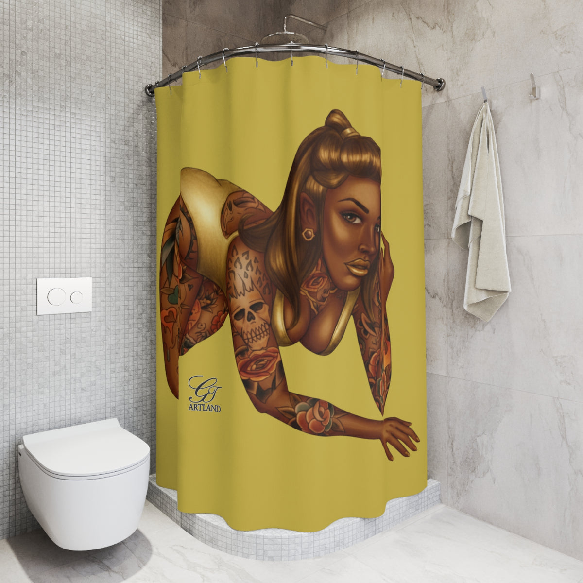 Tattooed Pinup Diva Shower Curtain - Yellow -Bathroom