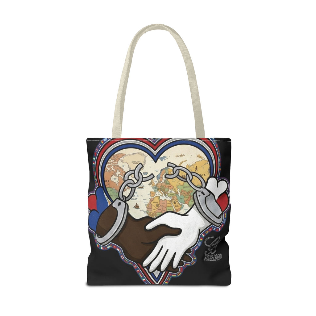 Interracial Unity Heart Handcuffs Tote Bag | All-Over Print by GT Artland