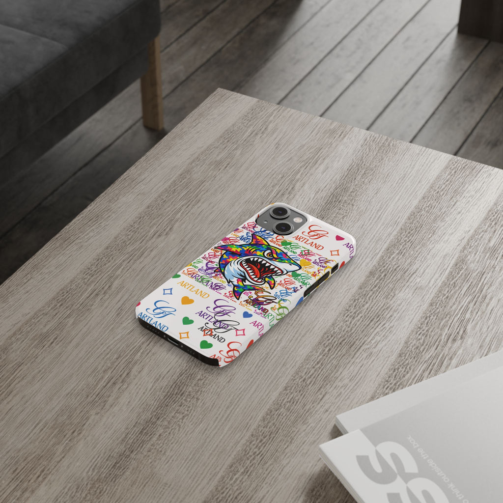 Colorful Designer Shark GT Illustration Slim Phone Case | Rainbow Logo Pattern by GT Artland