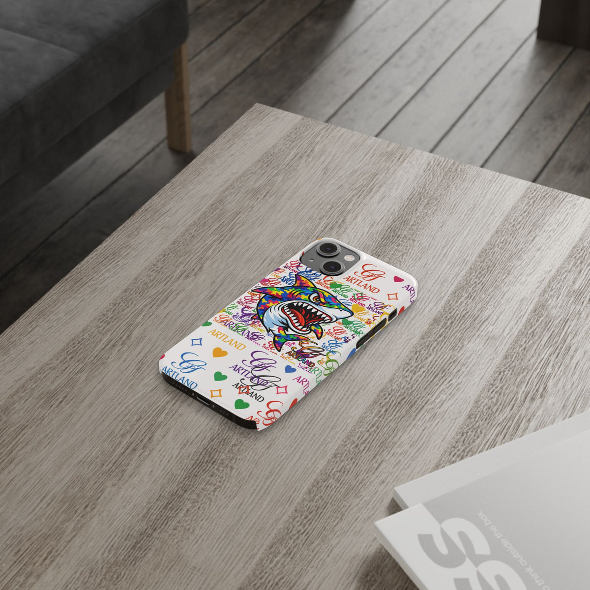 Colorful Designer Shark GT Illustration Slim Phone Case | Rainbow Logo Pattern by GT Artland