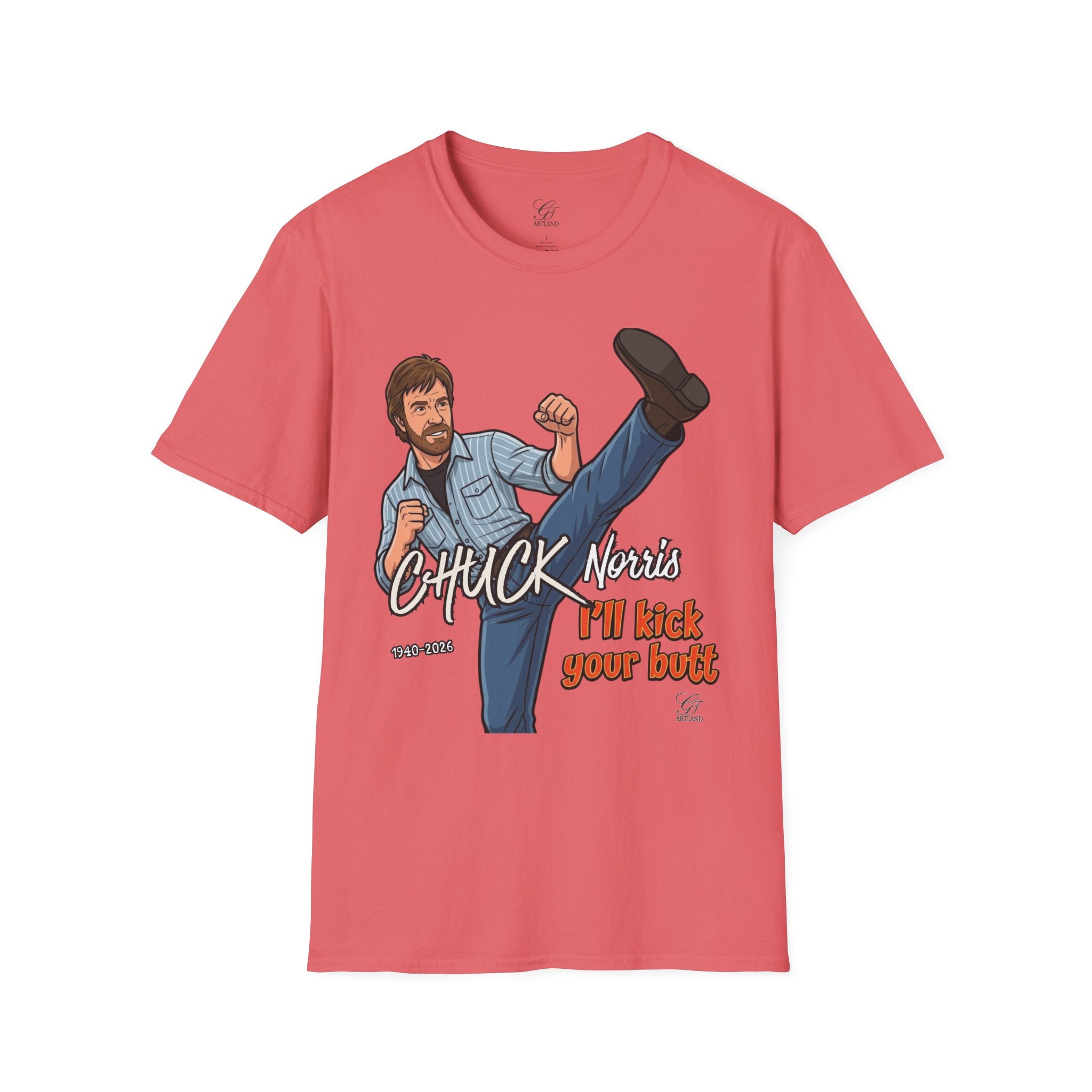 Chuck Norris Kick Illustration T-Shirt | I'll Kick Your Butt text by GT Artland