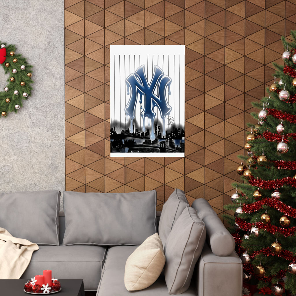 Dripping NY Logo Matte Vertical Poster | Baseball Pinstripe Art by GT Artland