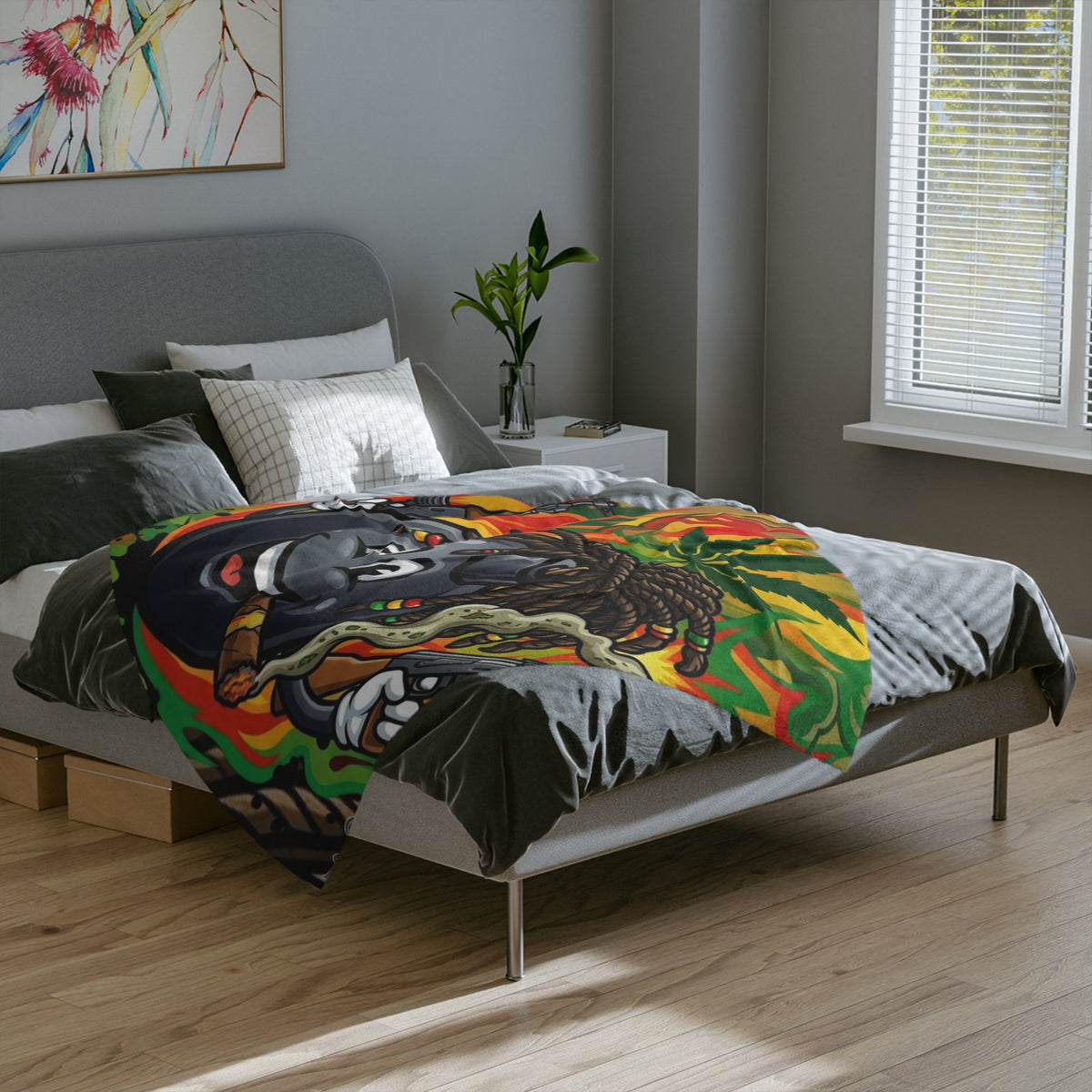 Rasta Grenade Character Velveteen Microfiber Blanket | Cannabis Leaf, Dreadlocks by GT Artland
