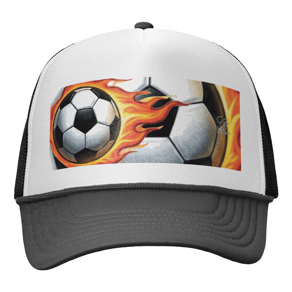 Flaming Airbrush Soccer Ball Designer Urban Trucker Hat - Black/White by GT Artland