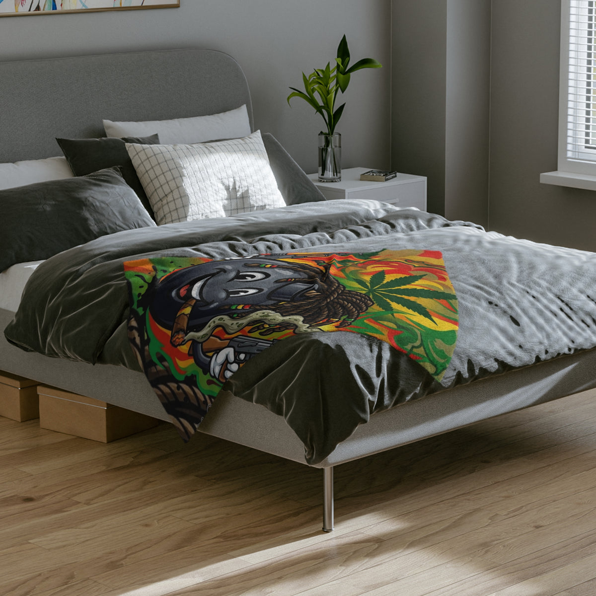 Rasta Grenade Character Velveteen Microfiber Blanket | Cannabis Leaf, Dreadlocks by GT Artland