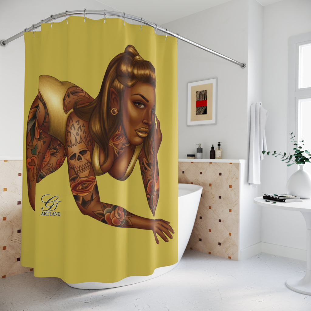 Tattooed Pinup Diva Shower Curtain - Yellow -Bathroom