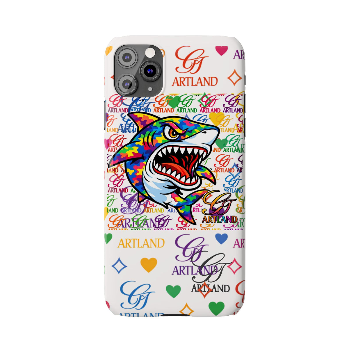Colorful Designer Shark GT Illustration Slim Phone Case | Rainbow Logo Pattern by GT Artland