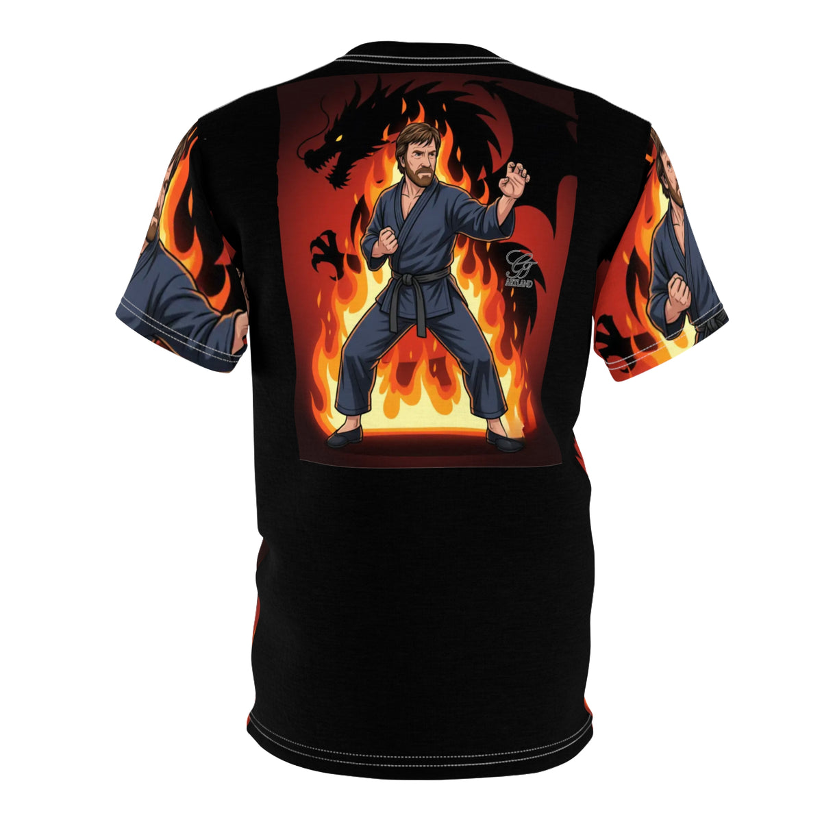 Martial Artist Chuck Norris in Flames Tee | Karate Warrior Deluxe Print T-Shirt by GT Artland