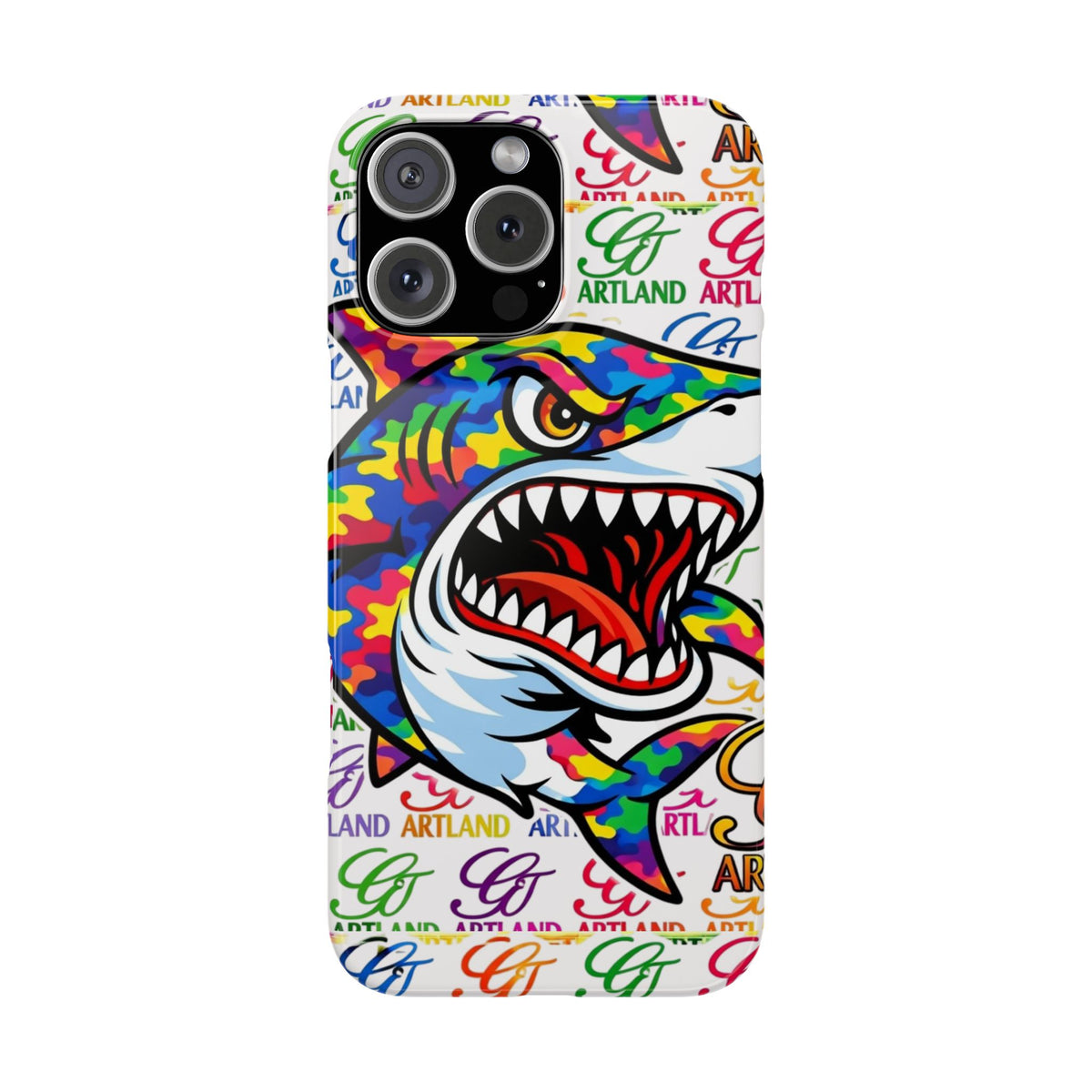 Colorful Camo Designer Shark GT Slim Phone Case | Vibrant Graphic, Artland Logo Background by GT Artland