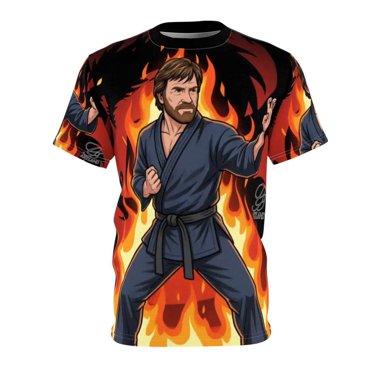 Martial Artist Chuck Norris in Flames Tee | Karate Warrior Deluxe Print T-Shirt by GT Artland