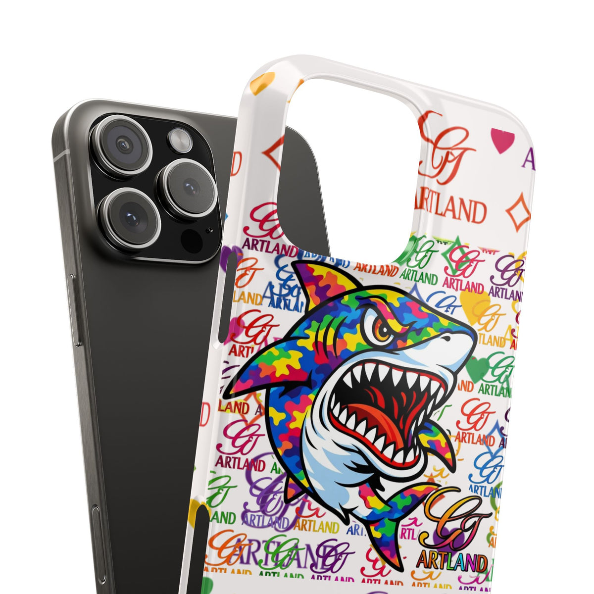Colorful Designer Shark GT Illustration Slim Phone Case | Rainbow Logo Pattern by GT Artland
