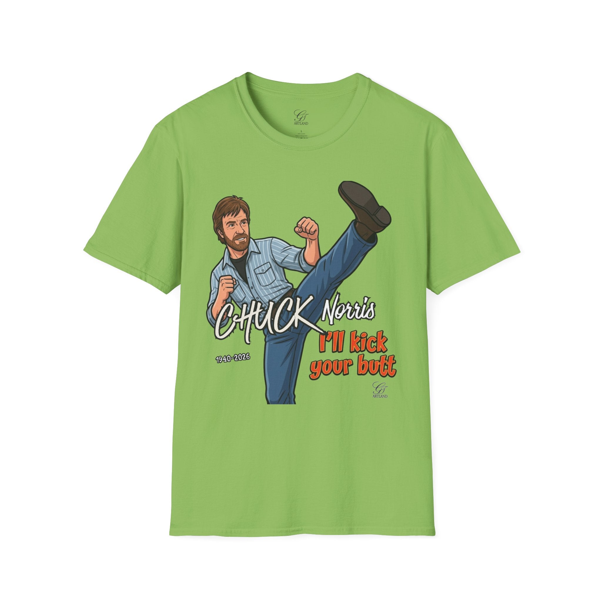 Chuck Norris Kick Illustration T-Shirt | I'll Kick Your Butt text by GT Artland