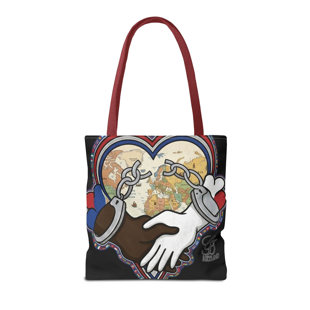 Interracial Unity Heart Handcuffs Tote Bag | All-Over Print by GT Artland