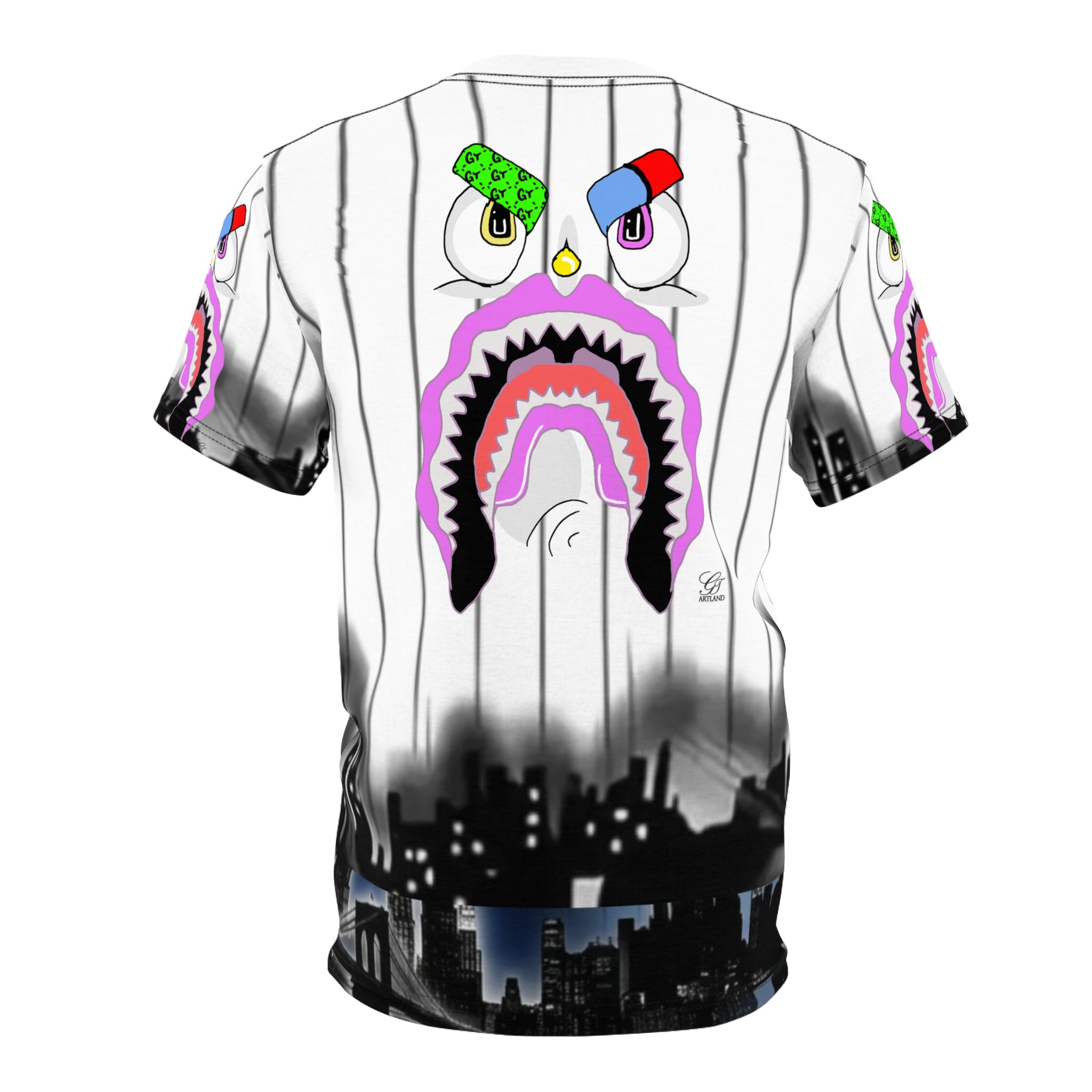 Shark Face Designer Graphic Tee | All-Over Print City Skyline Jersey Style by GT Artland
