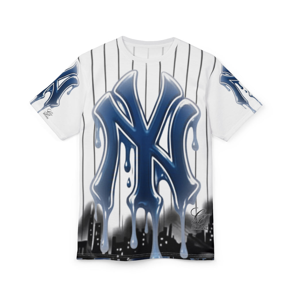 yank drip NYC style graffiti designer airbrush Lettering Tee | Baseball Pinstripe Shirt by GT Artland
