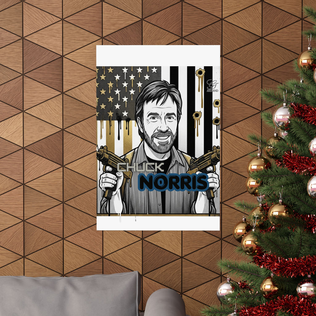 Action Hero Portrait Matte Vertical Poster | Retro Flag, Guns, Bullet Holes by GT Artland