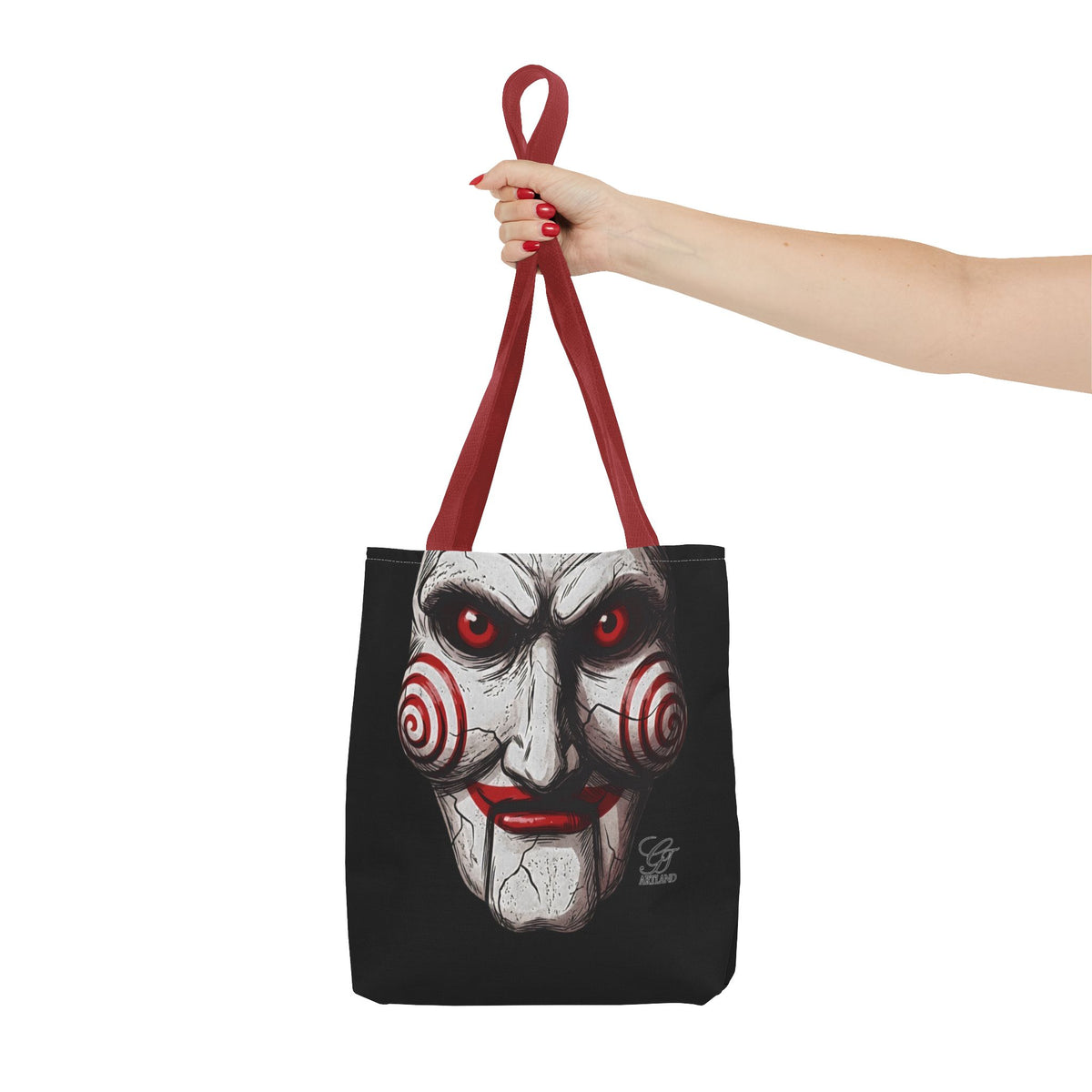 Doll Clown Horror Designer Face Tote Bag | Creepy Red Swirl Puppet Design by GT Artland