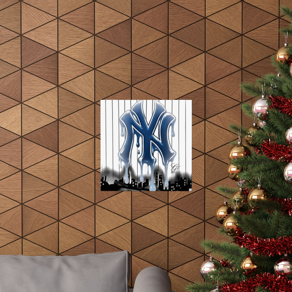 Dripping NY Logo Matte Vertical Poster | Baseball Pinstripe Art by GT Artland