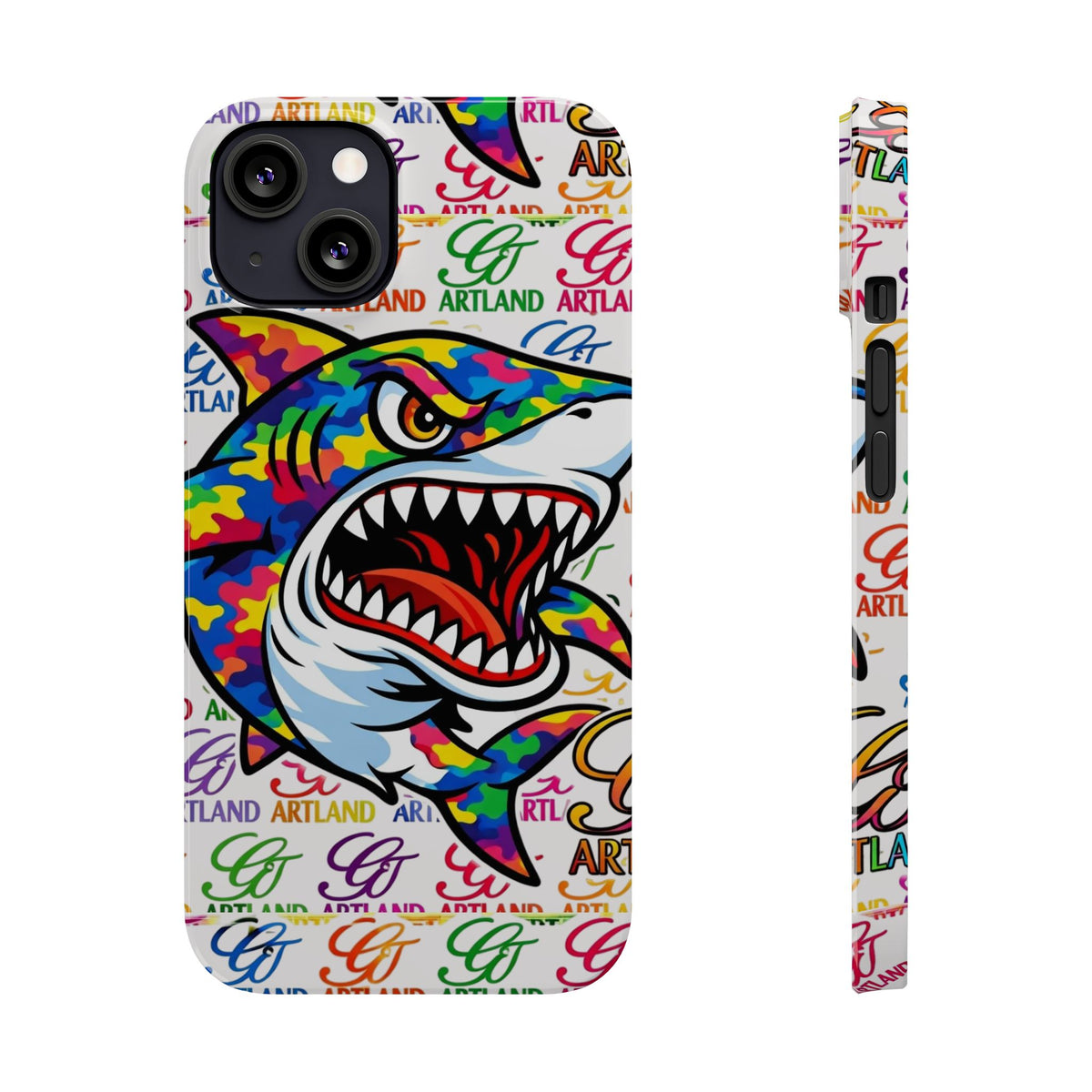 Colorful Camo Designer Shark GT Slim Phone Case | Vibrant Graphic, Artland Logo Background by GT Artland