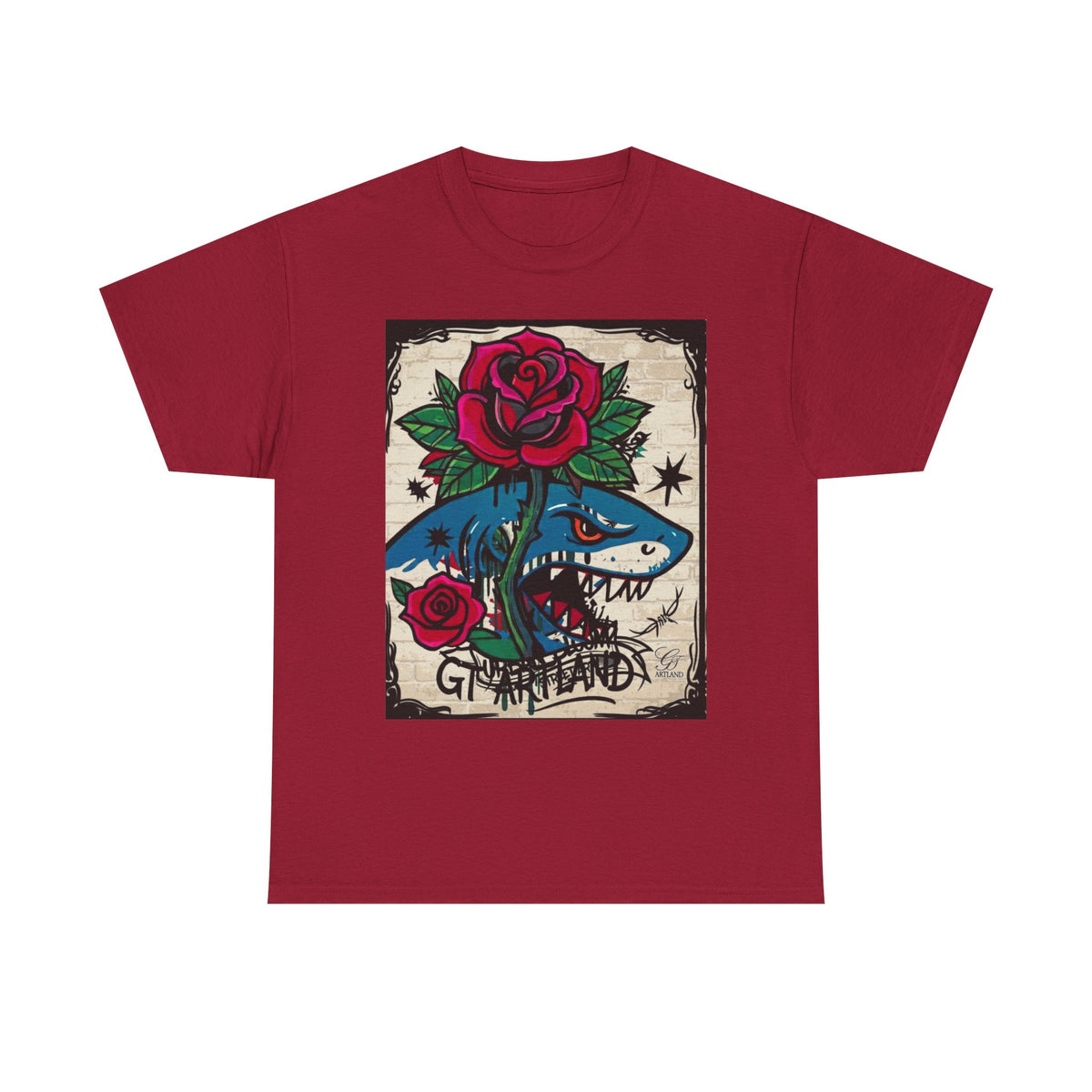 Shark with Red Rose T-Shirt | Nautical Tattoo Style Graphic Tee by GT Artland